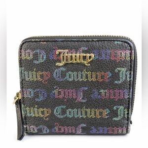 Juicy Couture Y2K Rainbow Logo Zip Around Wallet Coin Purse Black Pebbled